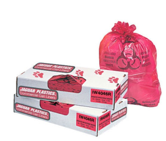 Red Biohazard Waste Bags, 1.3 mil thickness, 45-Gallon Bag, 40" x 46", 100 Bags/Box