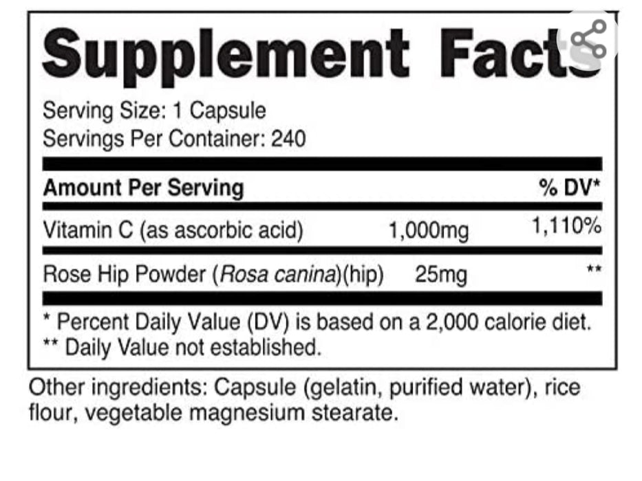 Nutricost Vitamin C with Rose Hips 1025mg, 240 Capsules - Vitamin C 1,000mg, Rose Hips 25mg