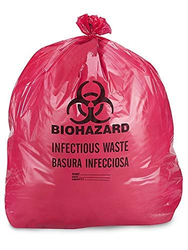 Red Biohazard Waste Bags, 1.2 mil thickness, 10-Gallon Bag, 24" x 24", 50 Bags/Box